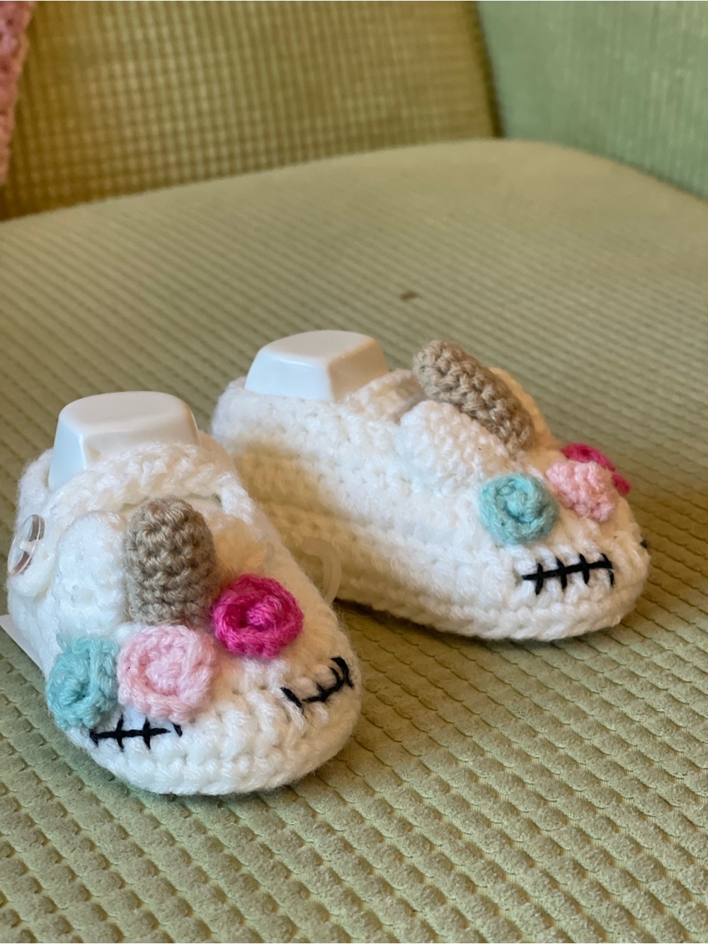 Handmade White Crochet Unicorn Baby Booties with Pastel Flowers